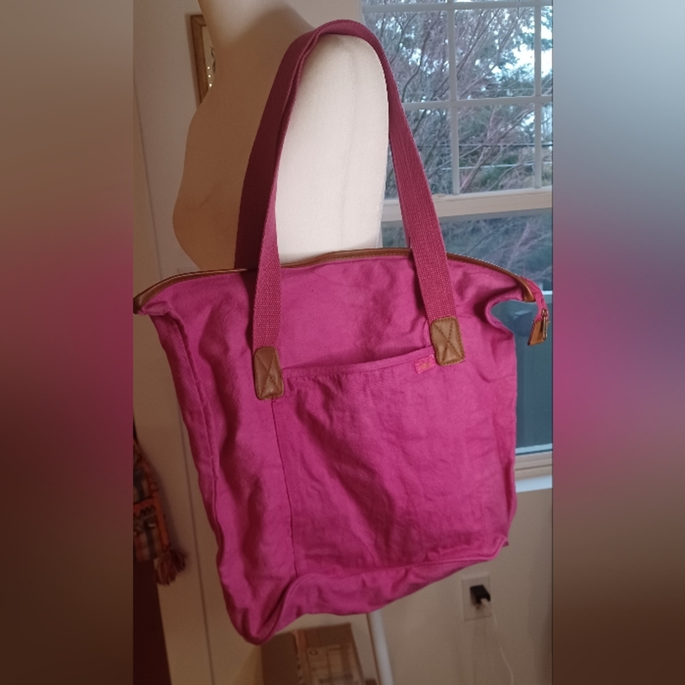 Bright Pink Large Cancas Bag With Zipper And Faux Leather Trim